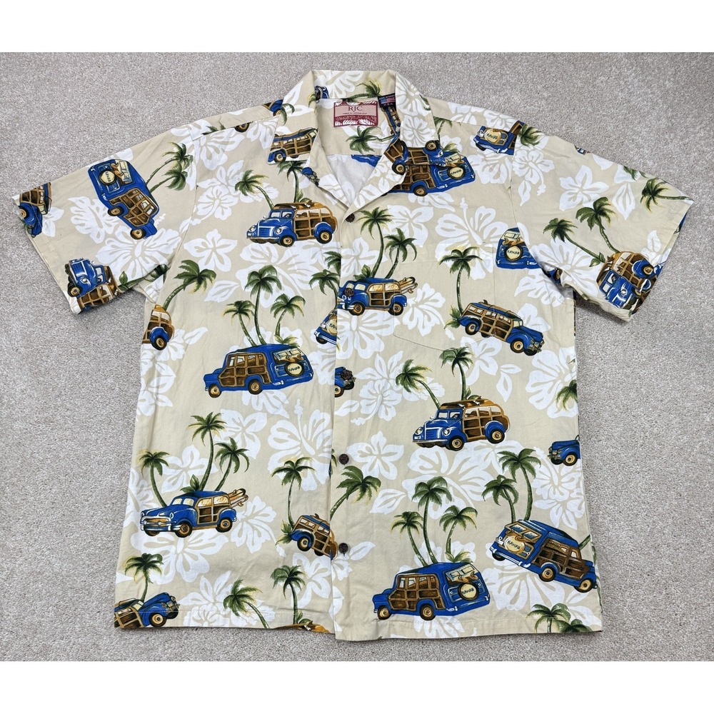 RJC Shirt Men's LARGE Tan Blue Hawaiian Aloha Cars Surf Made In Hawaii USA